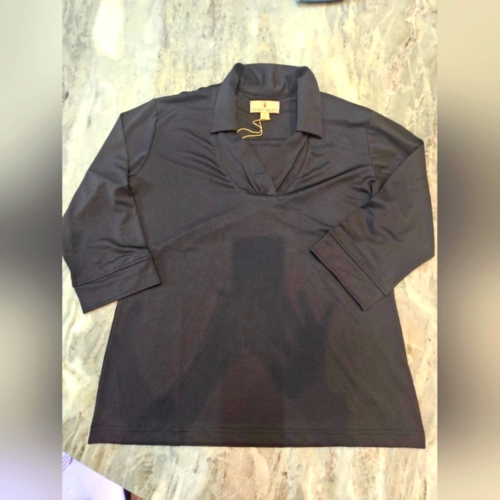 Sport Haley Black Golf Polo Top Size Large Stretch Performance V-Neck